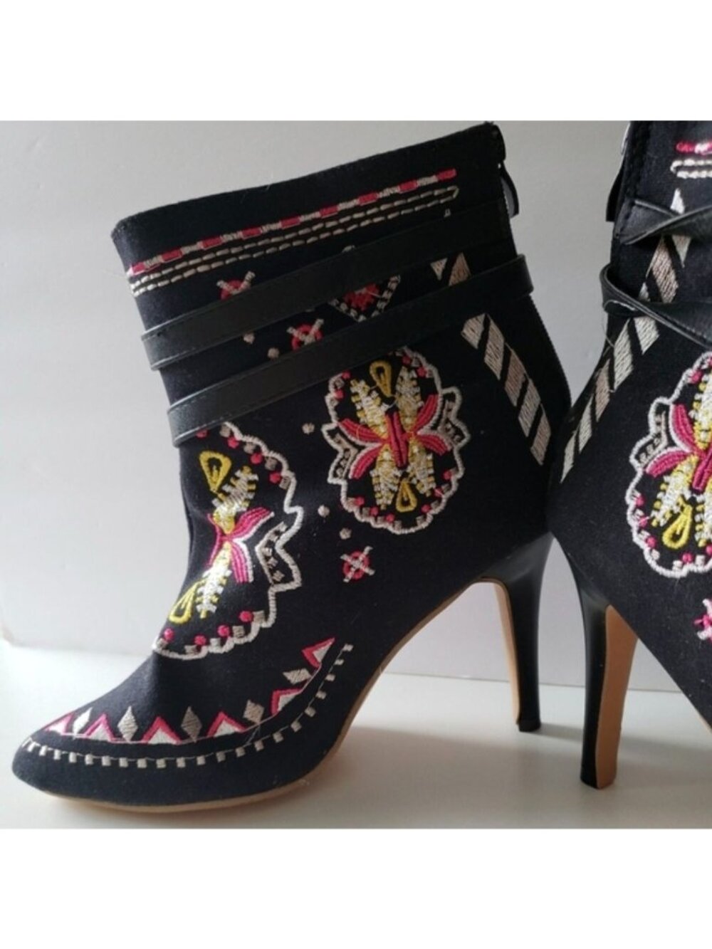 Embroidered Boho Black Heeled Ankle Boots With Dual Buckle Straps